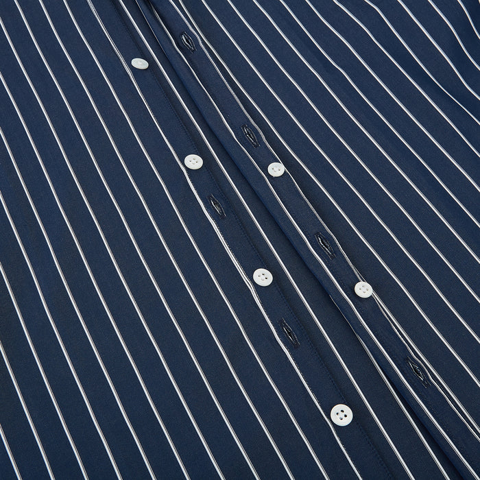 Windsor Bar Stripe Navy Open Collar Regular Fit Shirt in Cotton Image 6