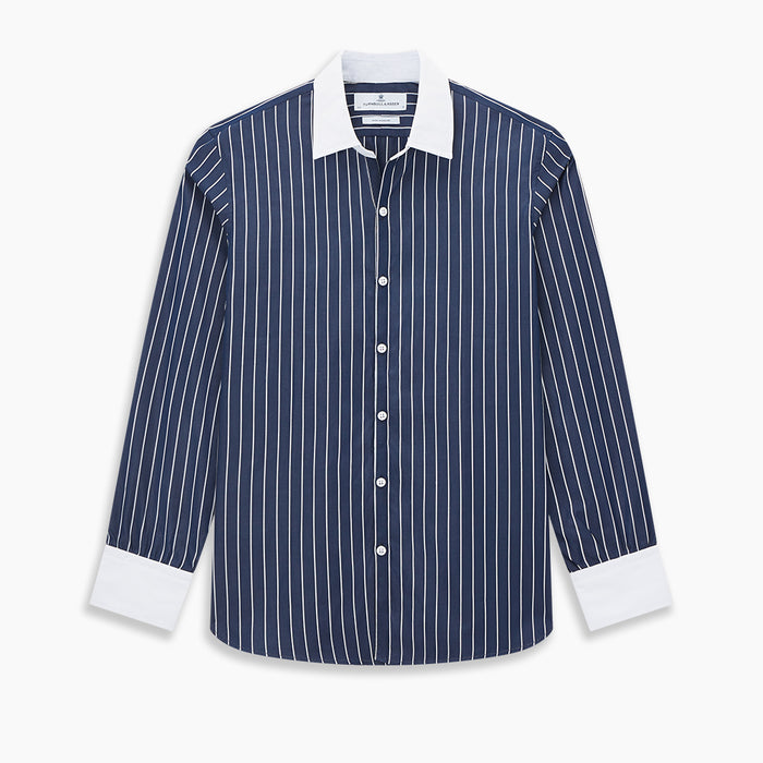 Windsor Bar Stripe Navy Open Collar Regular Fit Shirt in Cotton Image 8