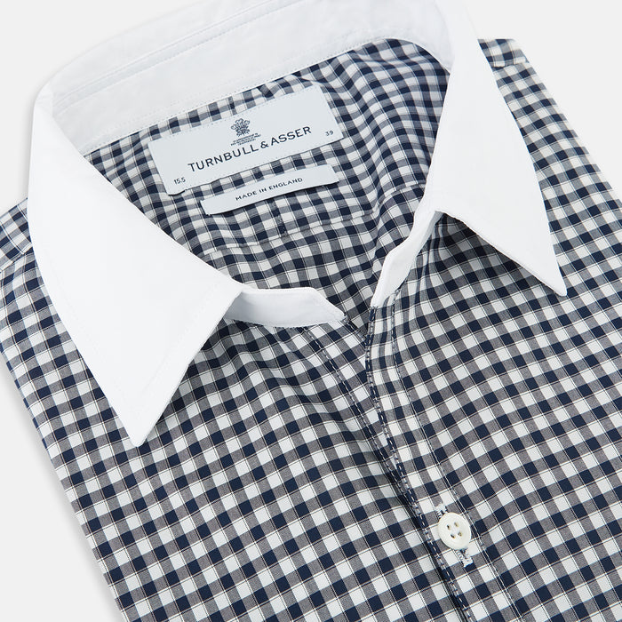 Windsor Gingham Check Navy Open Collar Regular Fit Shirt in Cotton Image 1