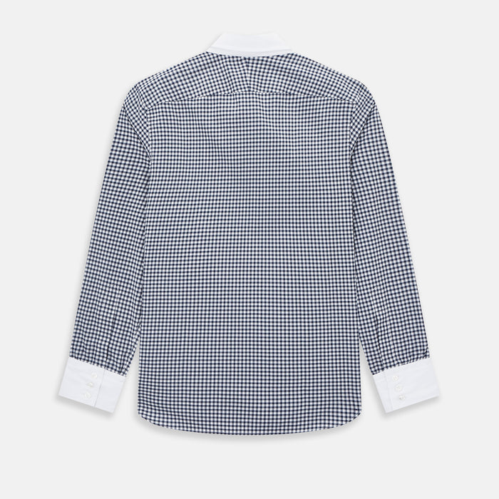 Windsor Gingham Check Navy Open Collar Regular Fit Shirt in Cotton Image 2