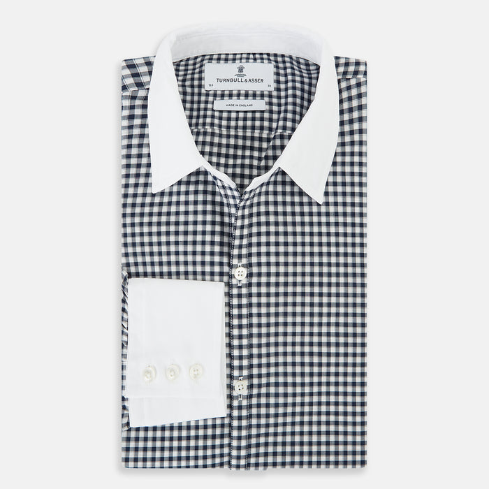 Windsor Gingham Check Navy Open Collar Regular Fit Shirt in Cotton Image 4