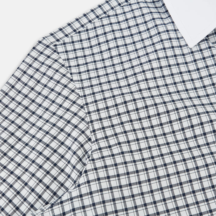 Windsor Double-Track Check Navy Open Collar Regular Fit Shirt in Cotton Image 5