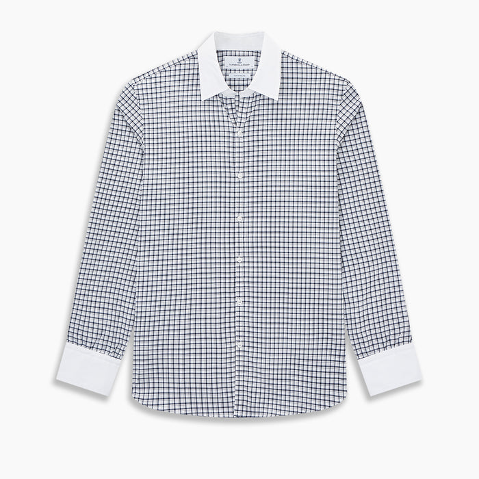 Windsor Double-Track Check Navy Open Collar Regular Fit Shirt in Cotton Image 8