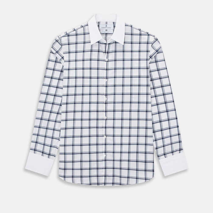 Windsor Windowpane Check Navy Open Collar Regular Fit Shirt in Cotton