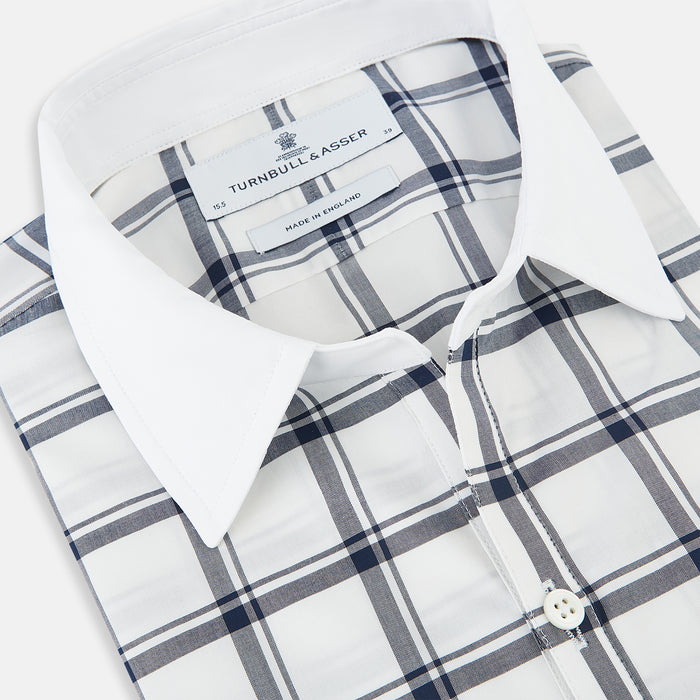 Windsor Windowpane Check Navy Open Collar Regular Fit Shirt in Cotton Image 1