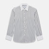 View 1 of product Turnbull & Asser Westminster Double Stripe White Closed Collar Regular Fit Shirt in Cotton featuring a vertical black double-stripe pattern on a white background with a white collar and cuffs.
