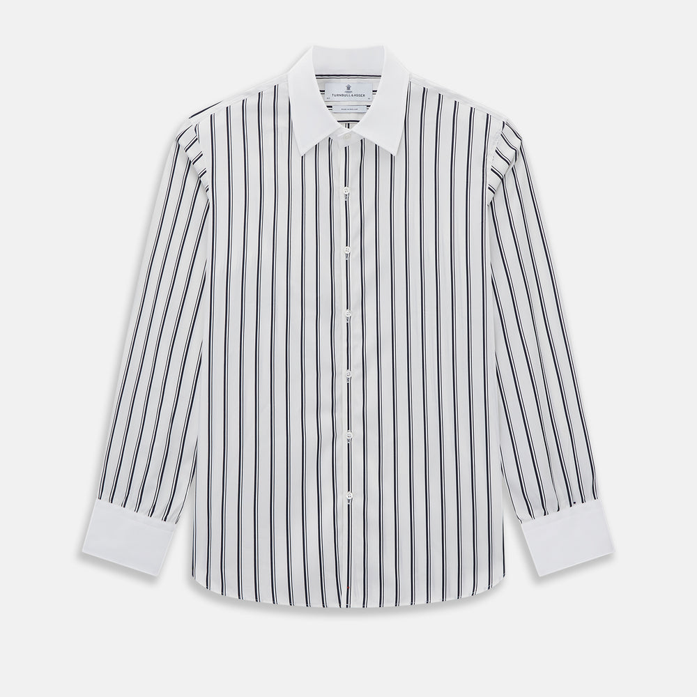 Turnbull & Asser Westminster Double Stripe White Closed Collar Regular Fit Shirt in Cotton featuring a vertical black double-stripe pattern on a white background with a white collar and cuffs.