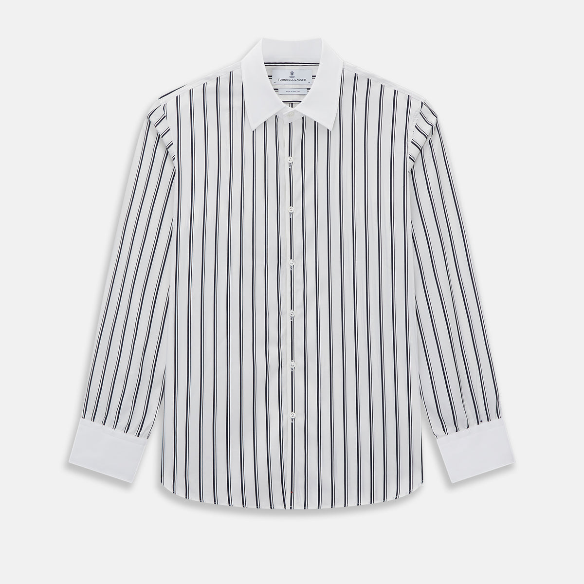 View 1 of product Turnbull & Asser Westminster Double Stripe White Closed Collar Regular Fit Shirt in Cotton featuring a vertical black double-stripe pattern on a white background with a white collar and cuffs.