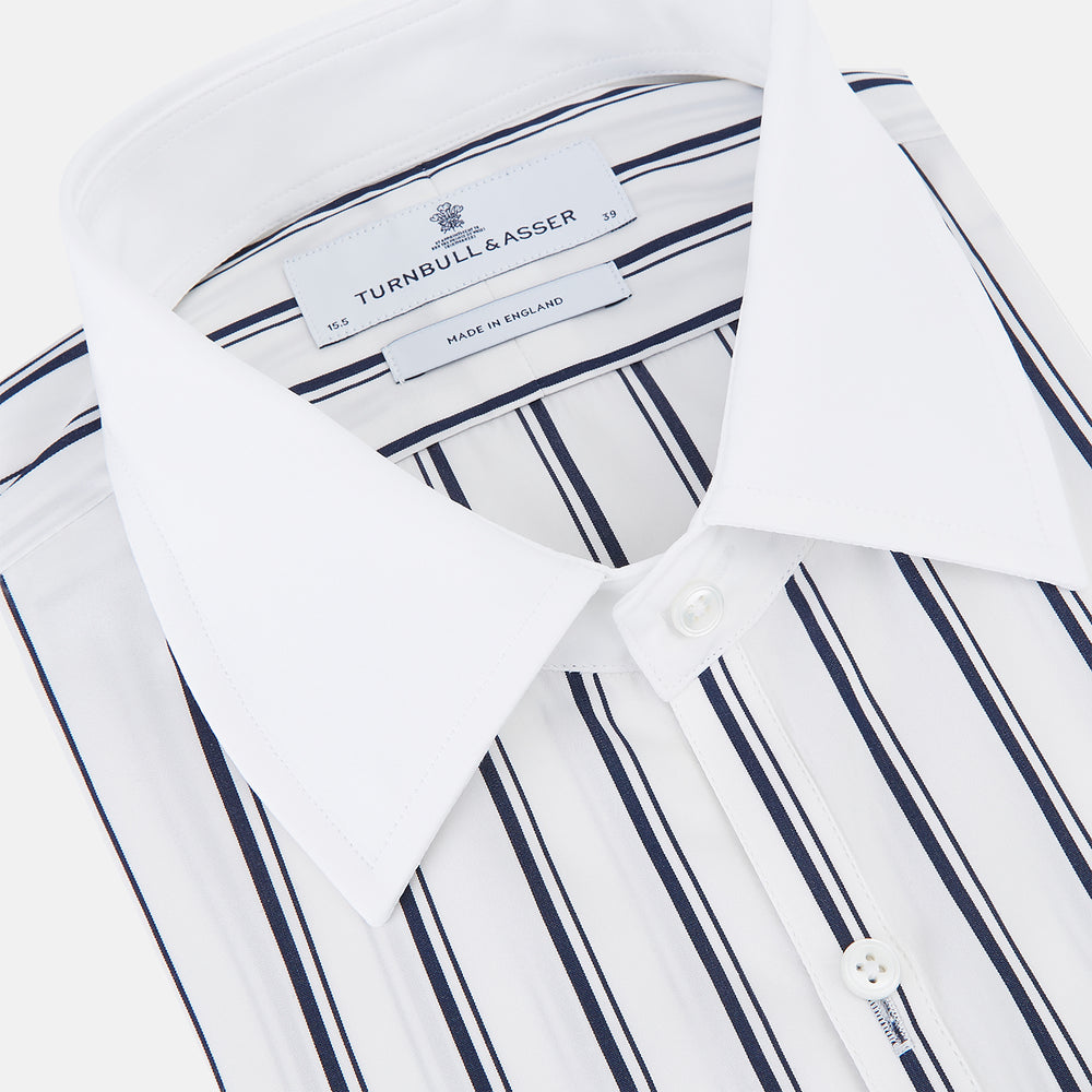 Turnbull & Asser Westminster Double Stripe White Closed Collar Regular Fit Shirt in Cotton featuring a vertical black double-stripe pattern on a white background with a white collar and cuffs.