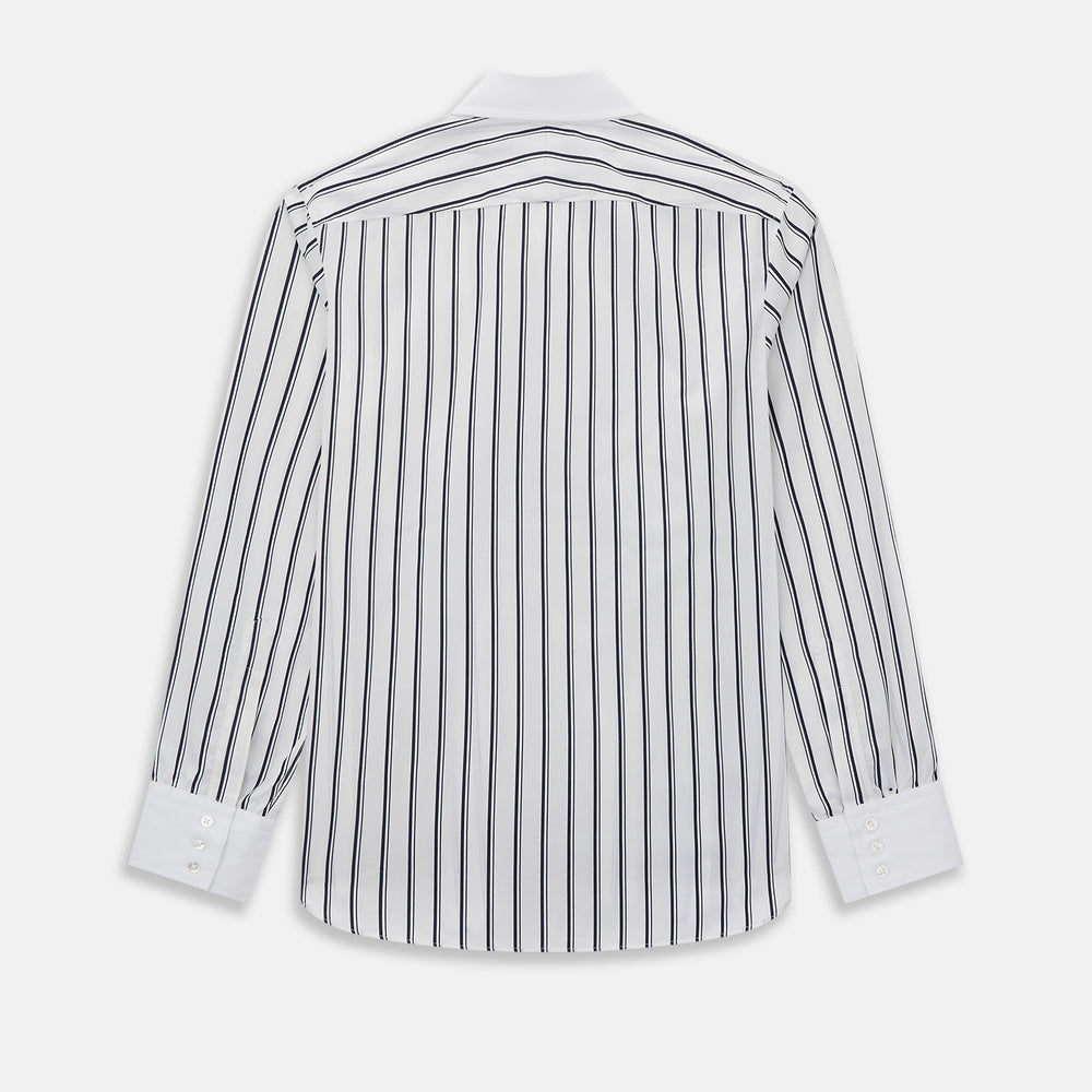 Turnbull & Asser Westminster Double Stripe White Closed Collar Regular Fit Shirt in Cotton featuring a vertical black double-stripe pattern on a white background with a white collar and cuffs.