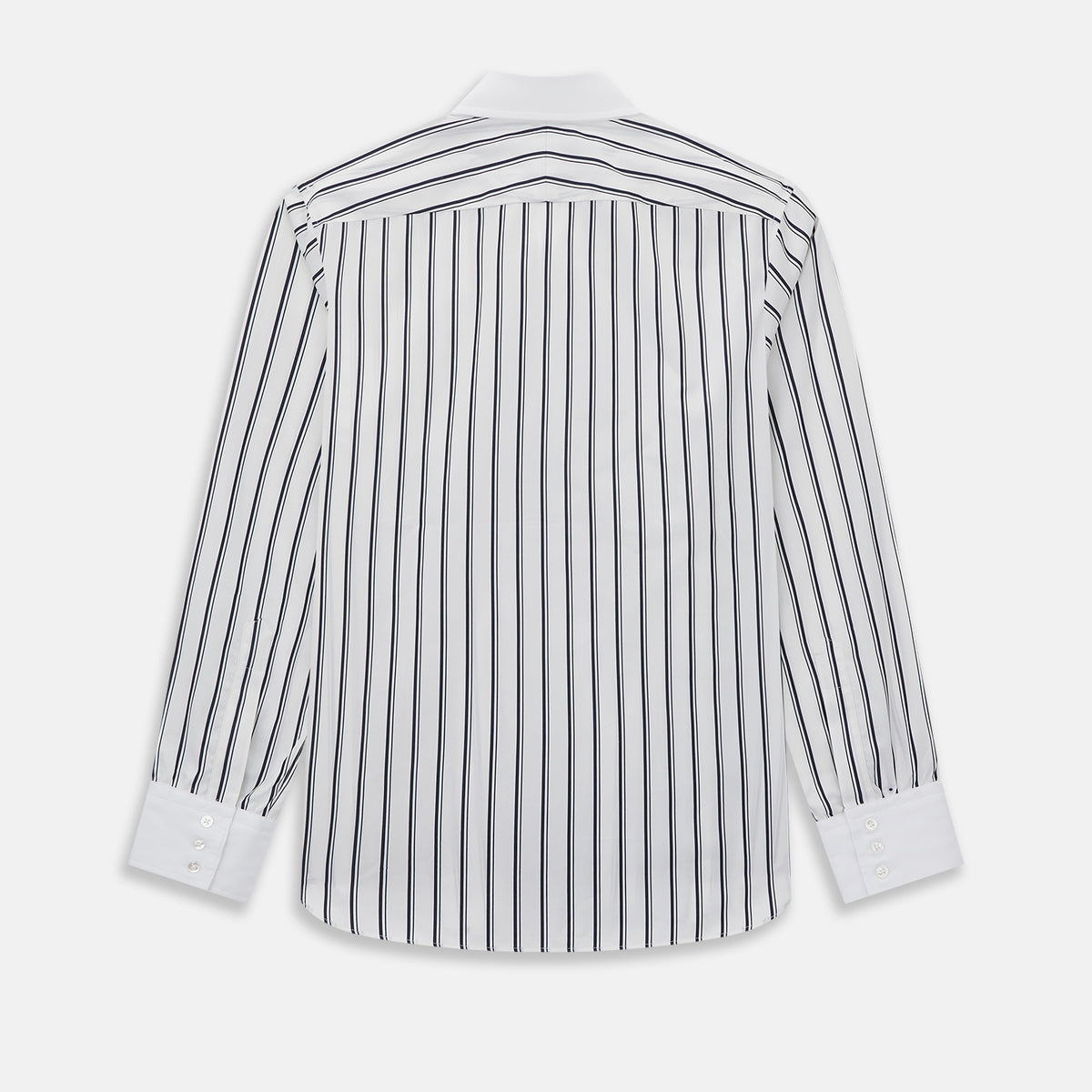 View 3 of product Turnbull & Asser Westminster Double Stripe White Closed Collar Regular Fit Shirt in Cotton featuring a vertical black double-stripe pattern on a white background with a white collar and cuffs.