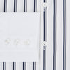 View 4 of product Turnbull & Asser Westminster Double Stripe White Closed Collar Regular Fit Shirt in Cotton featuring a vertical black double-stripe pattern on a white background with a white collar and cuffs.