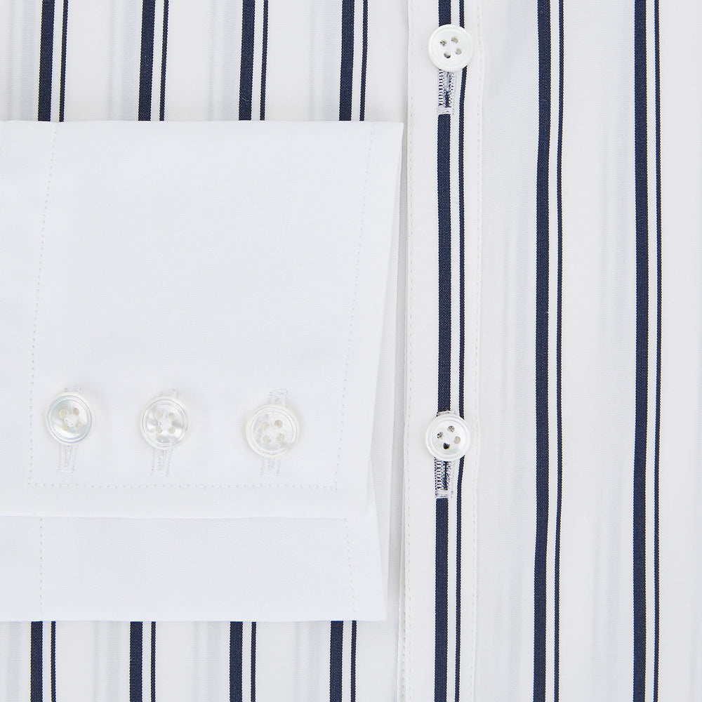 Turnbull & Asser Westminster Double Stripe White Closed Collar Regular Fit Shirt in Cotton featuring a vertical black double-stripe pattern on a white background with a white collar and cuffs.