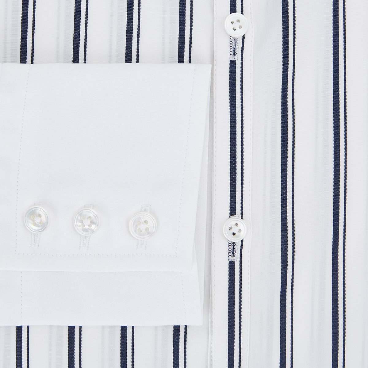 View 4 of product Turnbull & Asser Westminster Double Stripe White Closed Collar Regular Fit Shirt in Cotton featuring a vertical black double-stripe pattern on a white background with a white collar and cuffs.