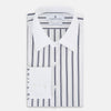 View 5 of product Turnbull & Asser Westminster Double Stripe White Closed Collar Regular Fit Shirt in Cotton featuring a vertical black double-stripe pattern on a white background with a white collar and cuffs.