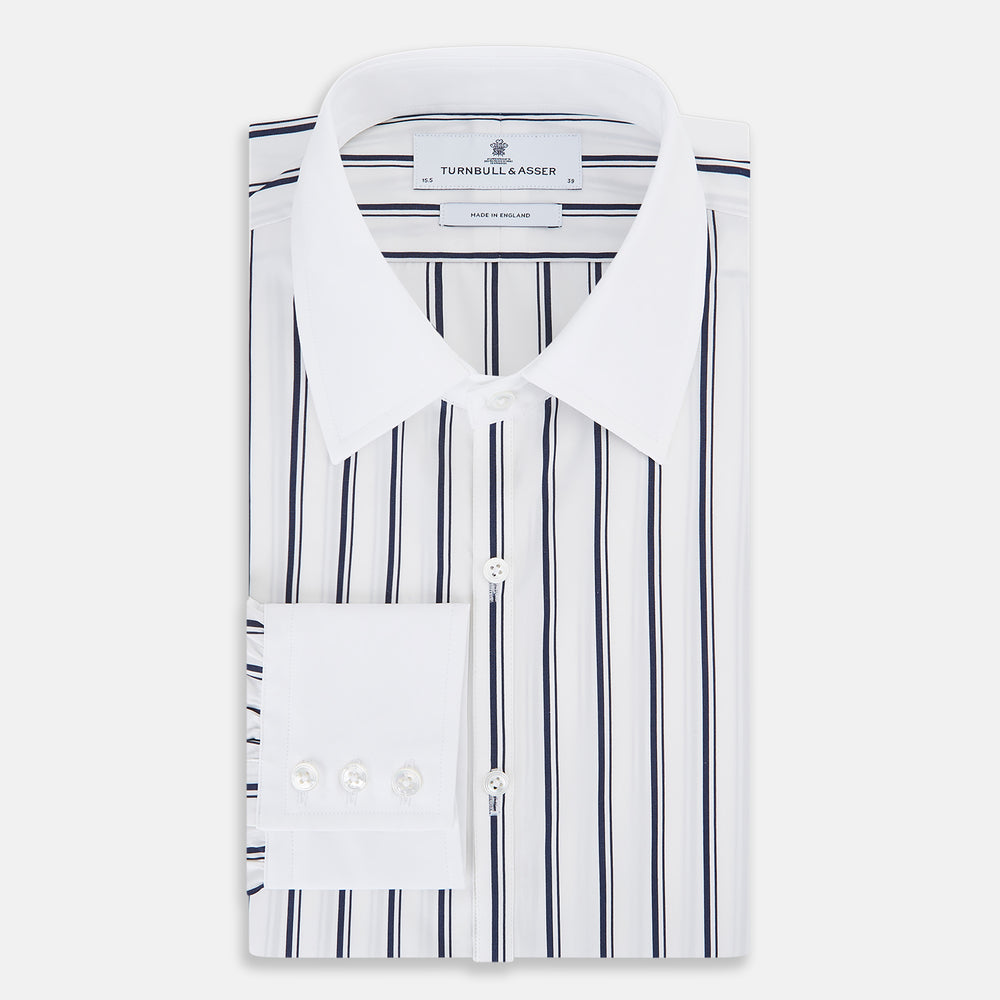 Turnbull & Asser Westminster Double Stripe White Closed Collar Regular Fit Shirt in Cotton featuring a vertical black double-stripe pattern on a white background with a white collar and cuffs.