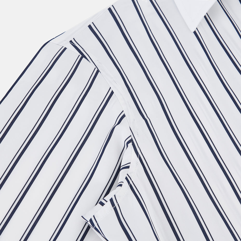 Turnbull & Asser Westminster Double Stripe White Closed Collar Regular Fit Shirt in Cotton featuring a vertical black double-stripe pattern on a white background with a white collar and cuffs.