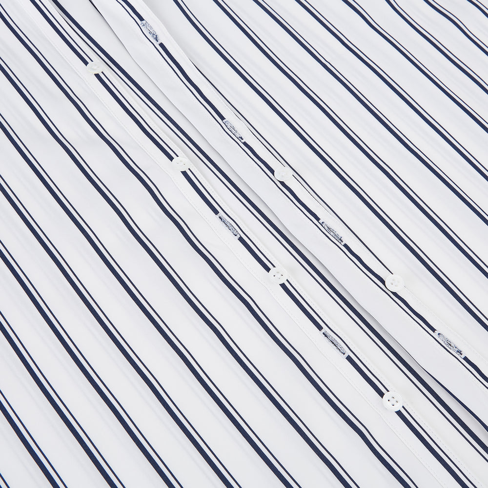 Turnbull & Asser Westminster Double Stripe White Closed Collar Regular Fit Shirt in Cotton featuring a vertical black double-stripe pattern on a white background with a white collar and cuffs.