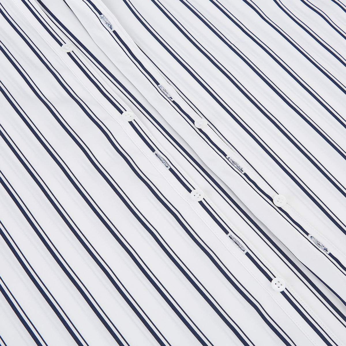 View 7 of product Turnbull & Asser Westminster Double Stripe White Closed Collar Regular Fit Shirt in Cotton featuring a vertical black double-stripe pattern on a white background with a white collar and cuffs.