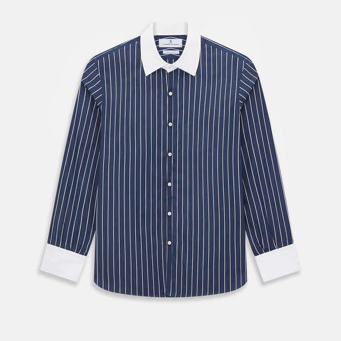 Westminster Bar Stripe Navy Closed Collar Regular Fit Shirt in Cotton