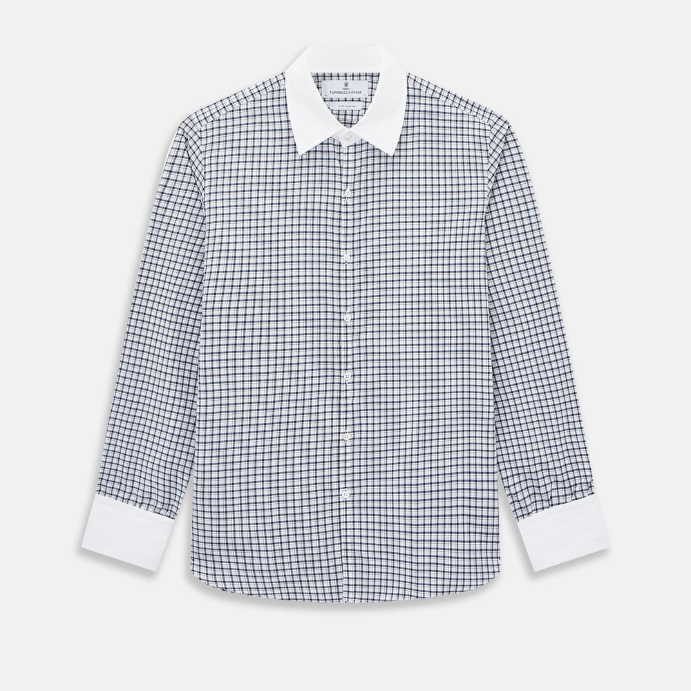 Turnbull & Asser UK Westminster Double-Track Check Navy Closed Collar Regular Fit Shirt in Cotton featuring a long-sleeve button-up design in a navy and white check pattern, complete with a white collar and white cuffs.