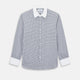 Turnbull & Asser UK Westminster Double-Track Check Navy Closed Collar Regular Fit Shirt in Cotton featuring a long-sleeve button-up design in a navy and white check pattern, complete with a white collar and white cuffs.