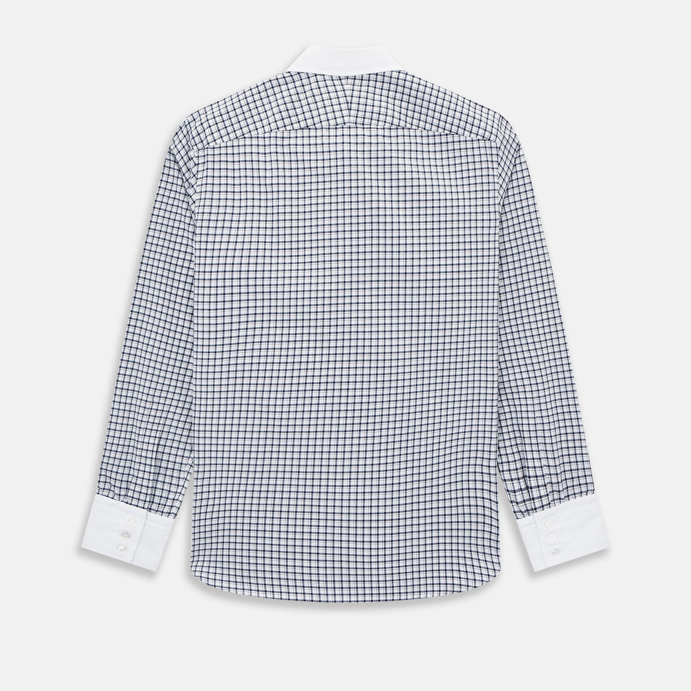 Turnbull & Asser UK Westminster Double-Track Check Navy Closed Collar Regular Fit Shirt in Cotton featuring a long-sleeve button-up design in a navy and white check pattern, complete with a white collar and white cuffs.