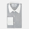 View 5 of product Turnbull & Asser UK Westminster Double-Track Check Navy Closed Collar Regular Fit Shirt in Cotton featuring a long-sleeve button-up design in a navy and white check pattern, complete with a white collar and white cuffs.