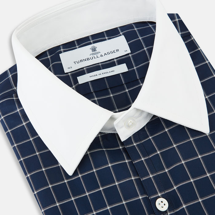 Westminster Reverse Check Navy Closed Collar Regular Fit Shirt in Cotton Image 1