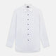 The Casino Royale White Dress Shirt in Cotton by Turnbull & Asser UK is a long-sleeve white dress shirt, crafted from crisp white cotton poplin with a pleated bib front, black buttons, and a classic collar, shown laid flat on a white background.