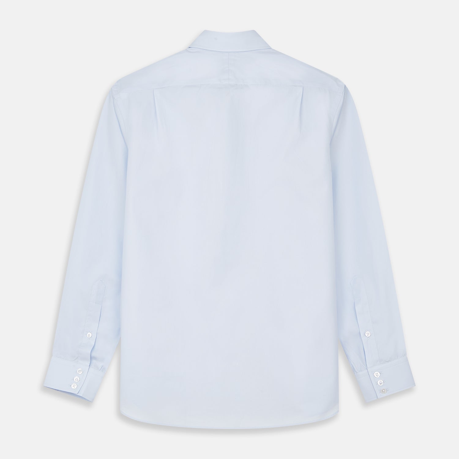 View 3 of product The Turnbull & Asser Tailored Fit Light Blue Cotton Shirt features a Kent collar, buttoned front, and 3-button cuffs, ideal for pairing with a navy suit and shown laid flat on a white background.