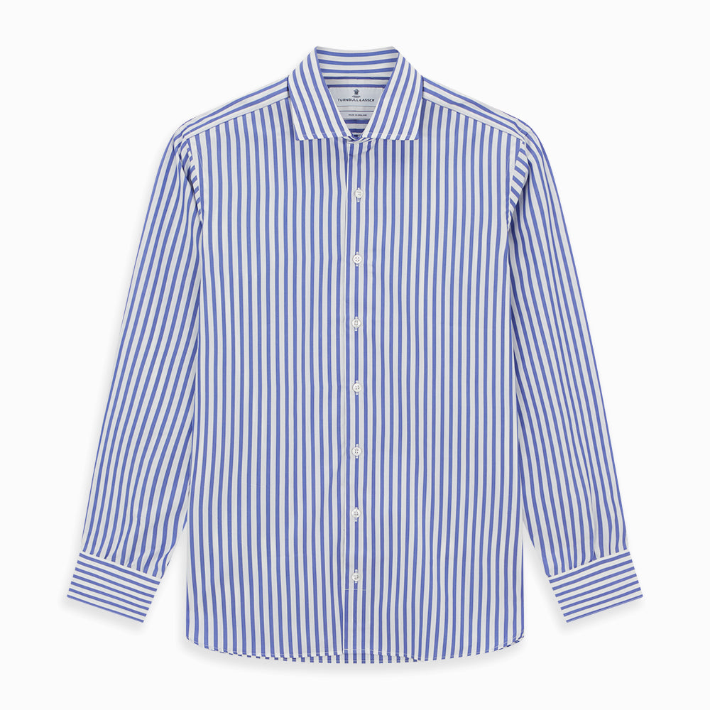 A Tailored Fit Blue and White Candy Stripe Shirt with Kent collar and 3-button cuffs by Turnbull & Asser, featuring the brand's label inside the collar.