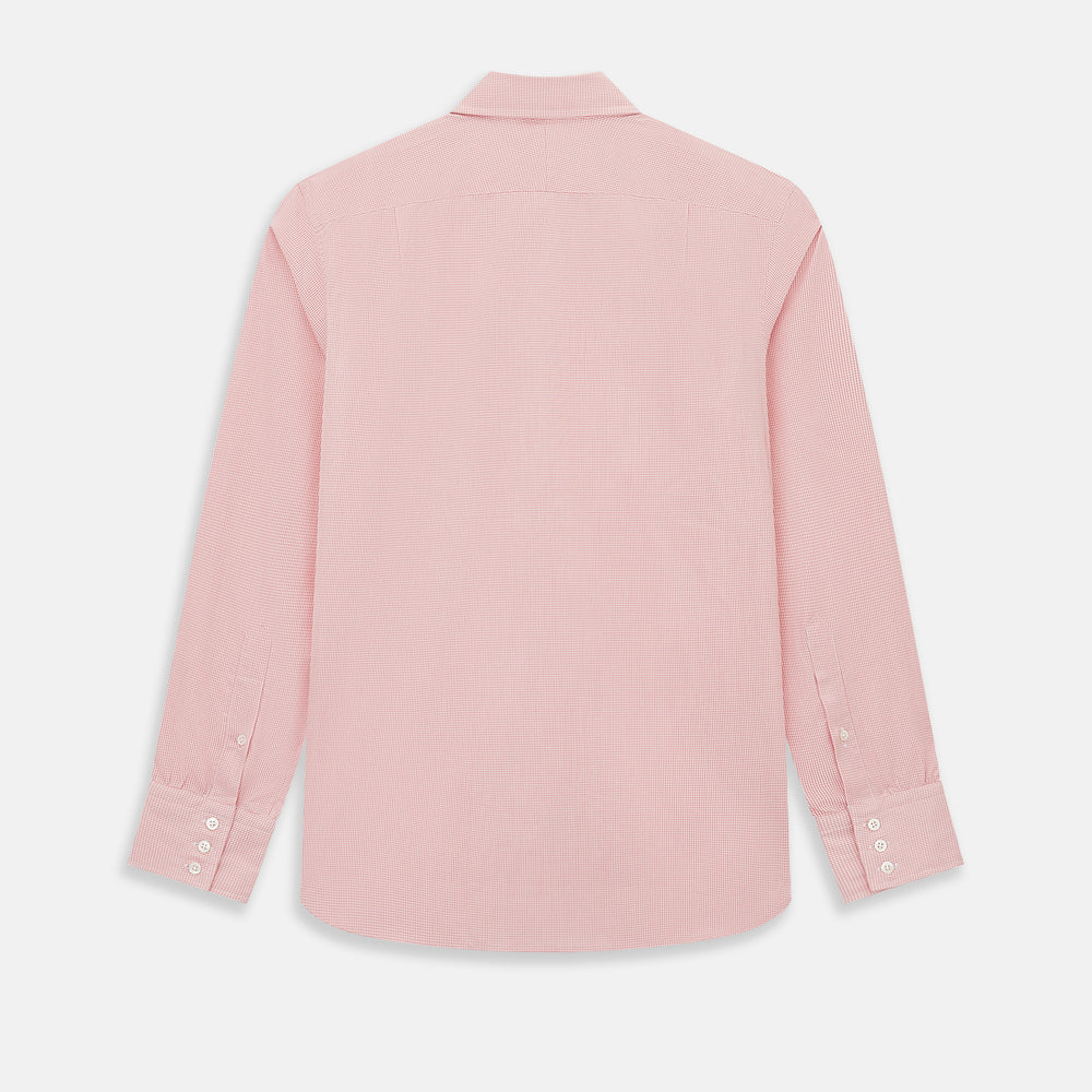 The Turnbull & Asser UK CORAL COTTON MINI CHECKED SHIRT is a light pink long-sleeve button-up shirt with a Kent collar, white buttons, and three-button cuffs, shown on a plain white background.