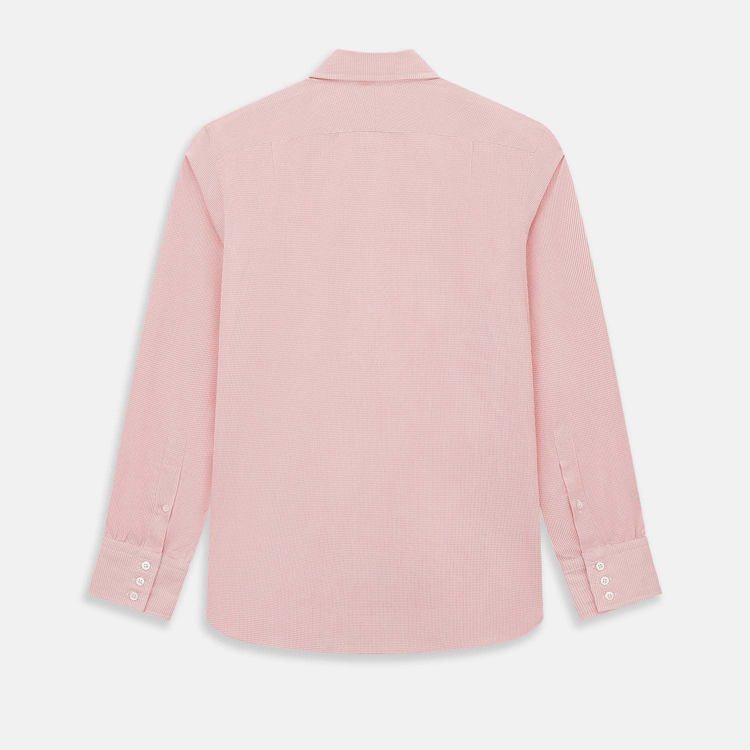 View 3 of product The Turnbull & Asser UK CORAL COTTON MINI CHECKED SHIRT is a light pink long-sleeve button-up shirt with a Kent collar, white buttons, and three-button cuffs, shown on a plain white background.