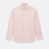 View 1 of product The Fine Striped Coral on White Tailored Fit Shirt in Cotton by Turnbull & Asser UK is a light pink long-sleeve button-up dress shirt with a collar, featuring subtle coral stripe detailing, displayed flat against a white background.