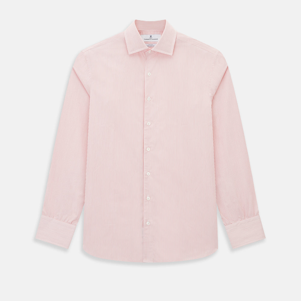 The Fine Striped Coral on White Tailored Fit Shirt in Cotton by Turnbull & Asser UK is a light pink long-sleeve button-up dress shirt with a collar, featuring subtle coral stripe detailing, displayed flat against a white background.