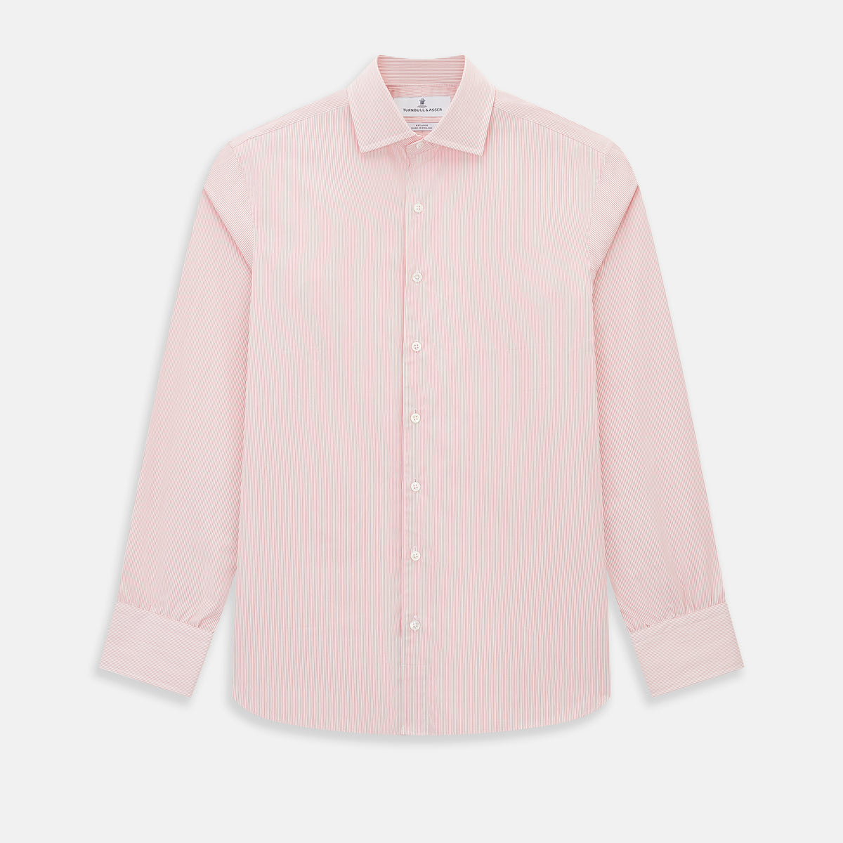 View 1 of product The Fine Striped Coral on White Tailored Fit Shirt in Cotton by Turnbull & Asser UK is a light pink long-sleeve button-up dress shirt with a collar, featuring subtle coral stripe detailing, displayed flat against a white background.