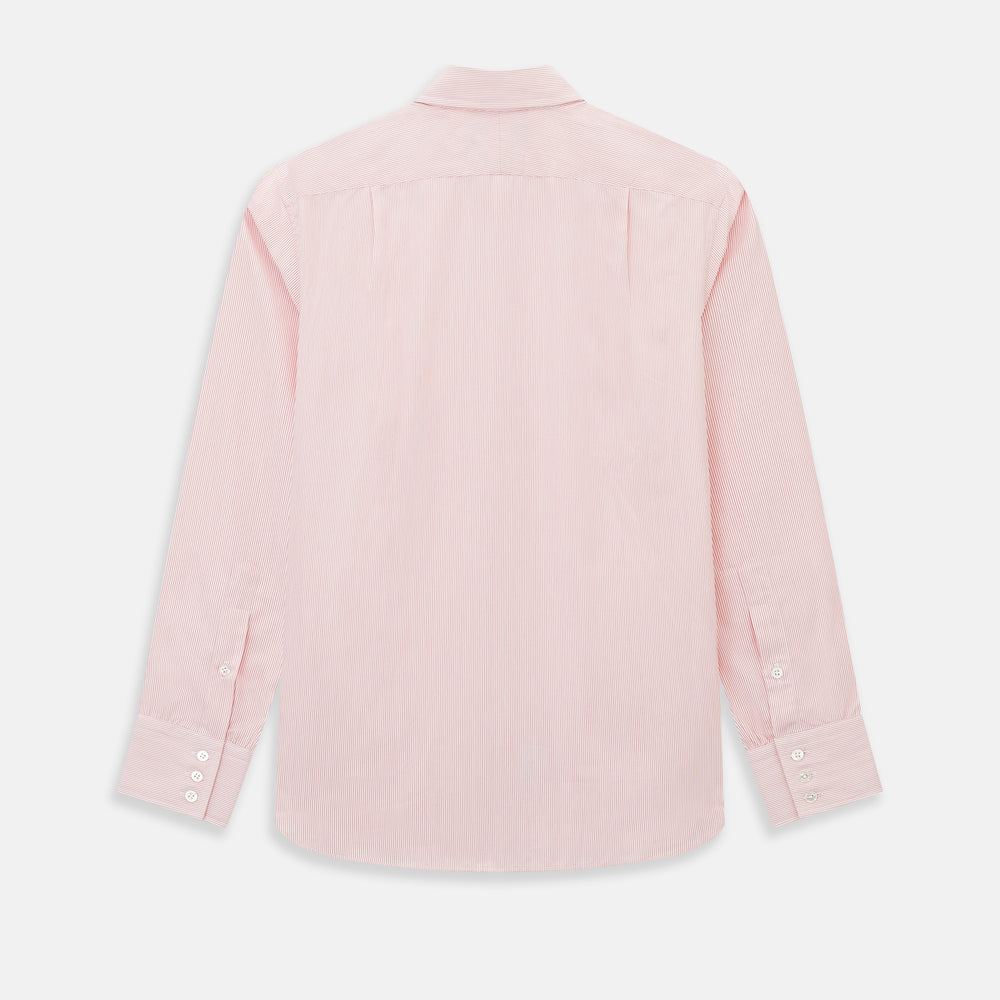 The Fine Striped Coral on White Tailored Fit Shirt in Cotton by Turnbull & Asser UK is a light pink long-sleeve button-up dress shirt with a collar, featuring subtle coral stripe detailing, displayed flat against a white background.