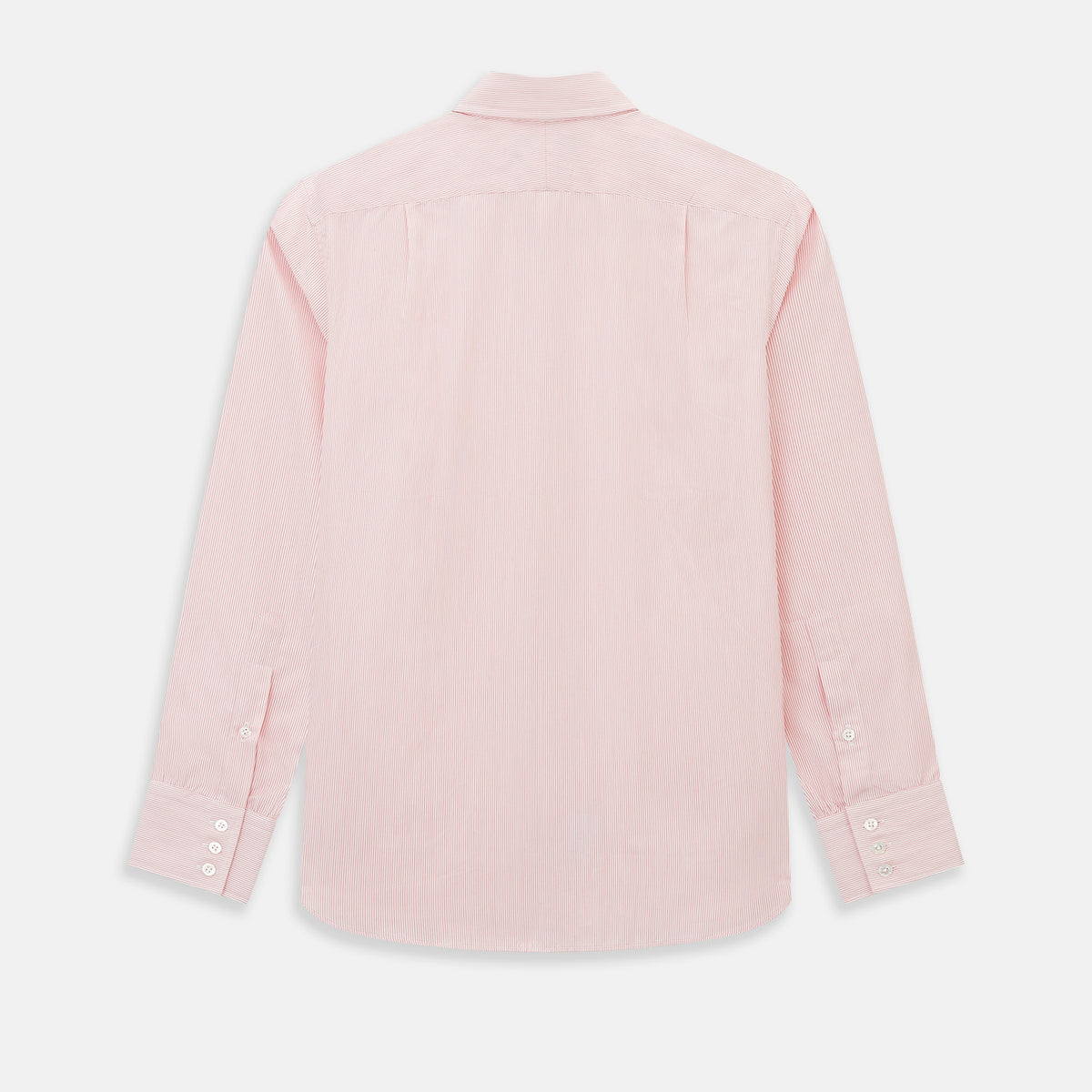 View 6 of product The Fine Striped Coral on White Tailored Fit Shirt in Cotton by Turnbull & Asser UK is a light pink long-sleeve button-up dress shirt with a collar, featuring subtle coral stripe detailing, displayed flat against a white background.