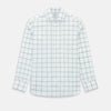 View 1 of product The Turnbull & Asser UK Large Checked Sage on White Tailored Fit Shirt in Cotton features white, long sleeves and button-up styling with a subtle sage check and light gray windowpane plaid pattern, neatly laid flat against a white background.