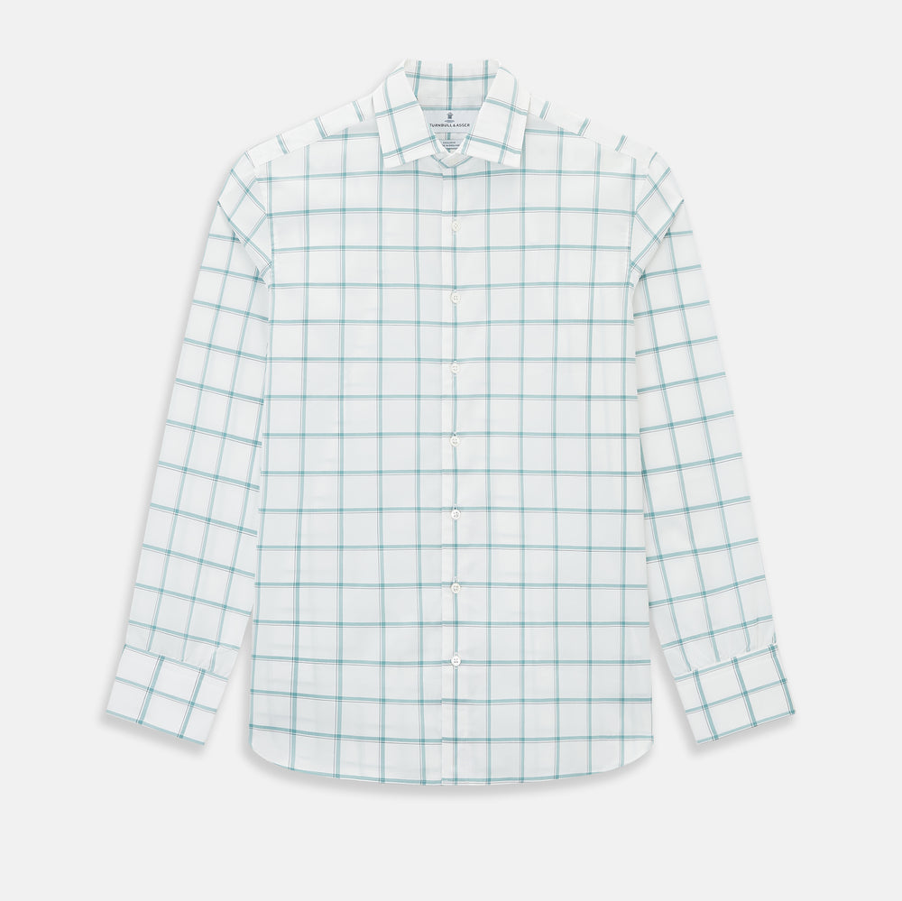 The Turnbull & Asser UK Large Checked Sage on White Tailored Fit Shirt in Cotton features white, long sleeves and button-up styling with a subtle sage check and light gray windowpane plaid pattern, neatly laid flat against a white background.