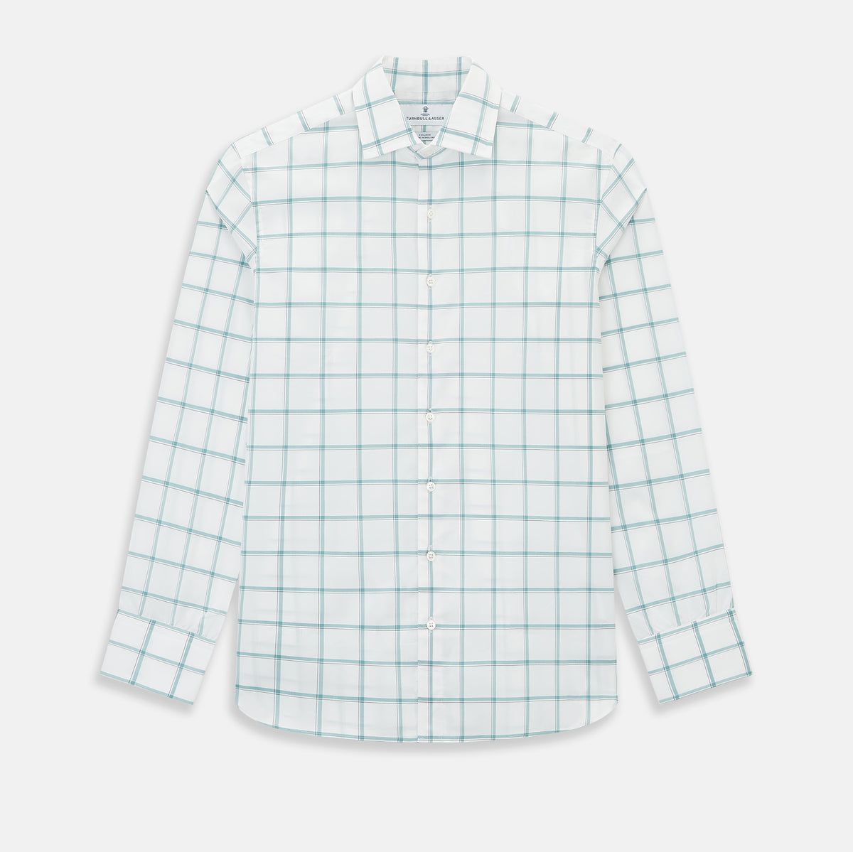 View 1 of product The Turnbull & Asser UK Large Checked Sage on White Tailored Fit Shirt in Cotton features white, long sleeves and button-up styling with a subtle sage check and light gray windowpane plaid pattern, neatly laid flat against a white background.