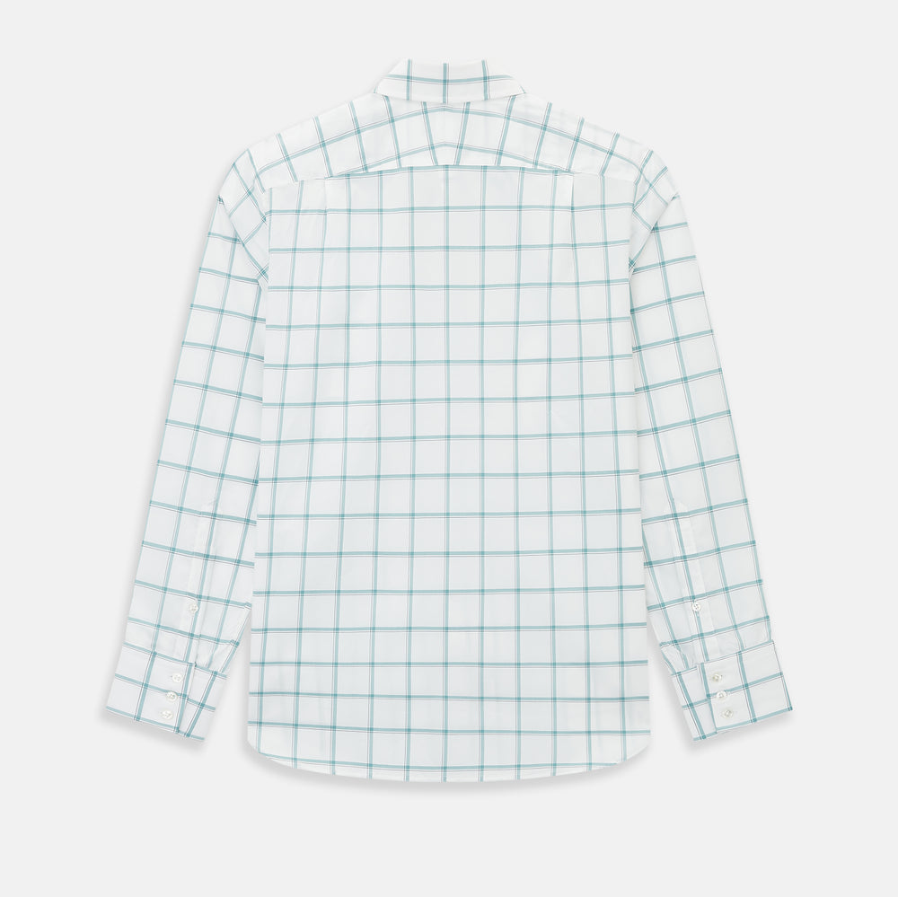 The Turnbull & Asser UK Large Checked Sage on White Tailored Fit Shirt in Cotton features white, long sleeves and button-up styling with a subtle sage check and light gray windowpane plaid pattern, neatly laid flat against a white background.