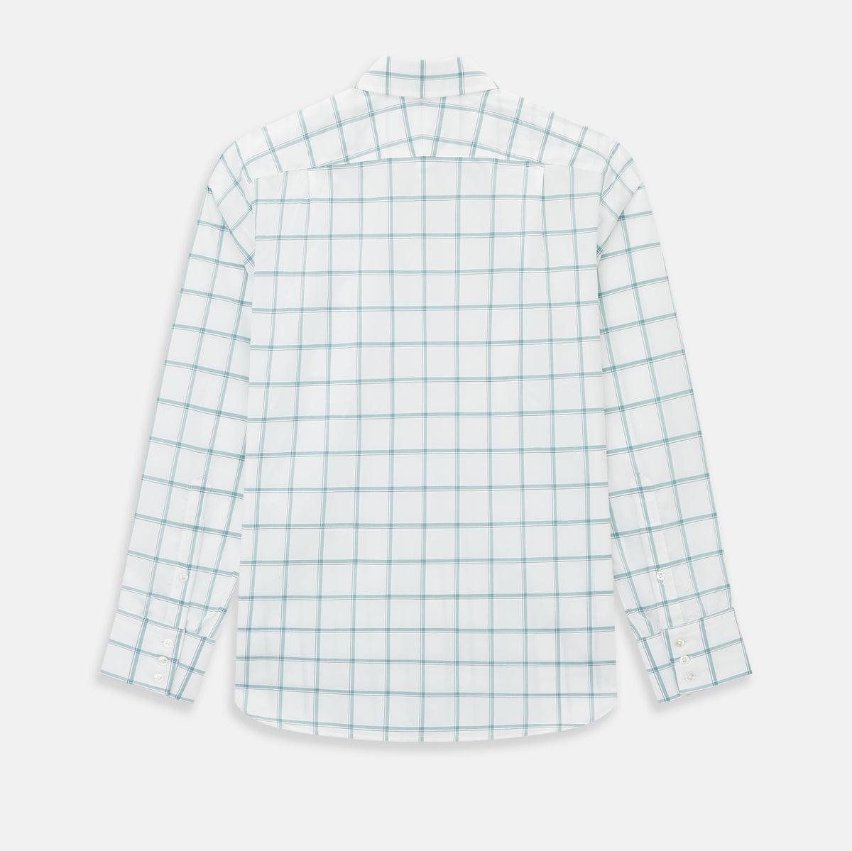 View 3 of product The Turnbull & Asser UK Large Checked Sage on White Tailored Fit Shirt in Cotton features white, long sleeves and button-up styling with a subtle sage check and light gray windowpane plaid pattern, neatly laid flat against a white background.