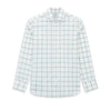 View 9 of product The Turnbull & Asser UK Large Checked Sage on White Tailored Fit Shirt in Cotton features white, long sleeves and button-up styling with a subtle sage check and light gray windowpane plaid pattern, neatly laid flat against a white background.