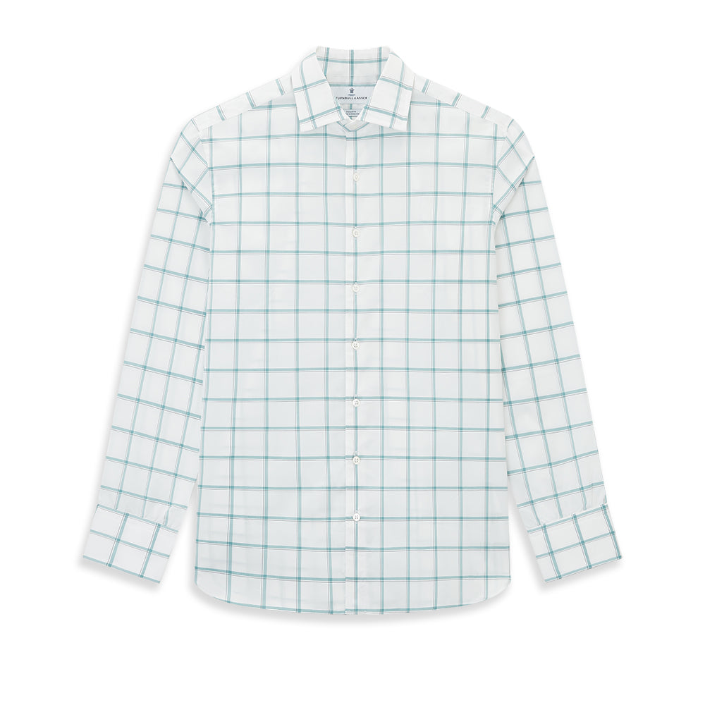The Turnbull & Asser UK Large Checked Sage on White Tailored Fit Shirt in Cotton features white, long sleeves and button-up styling with a subtle sage check and light gray windowpane plaid pattern, neatly laid flat against a white background.