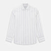 View 1 of product Track Striped Pink on White Tailored Fit Shirt in Cotton by Turnbull & Asser UK, featuring thin vertical pink stripes on white cotton, a classic collar, slim tailored fit, and buttoned cuffs, displayed on a plain white background.