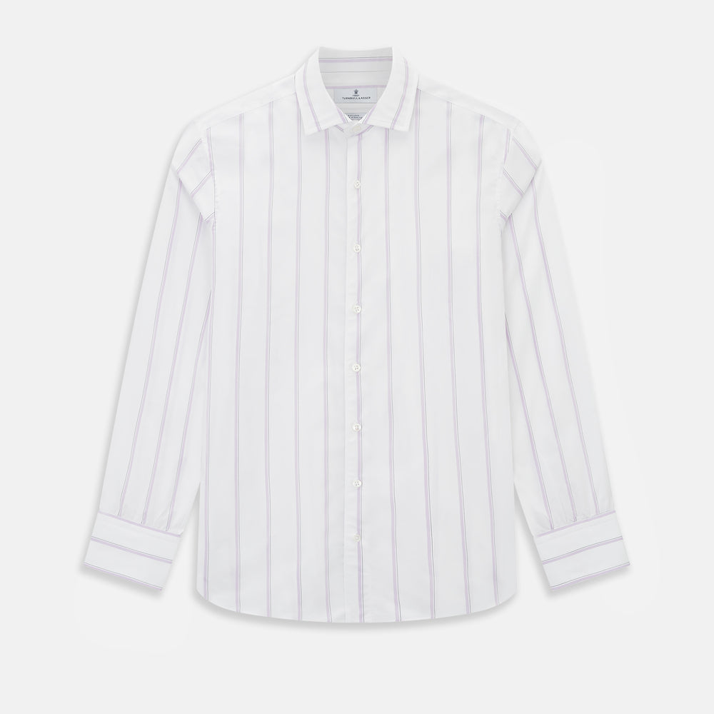 Track Striped Pink on White Tailored Fit Shirt in Cotton by Turnbull & Asser UK, featuring thin vertical pink stripes on white cotton, a classic collar, slim tailored fit, and buttoned cuffs, displayed on a plain white background.