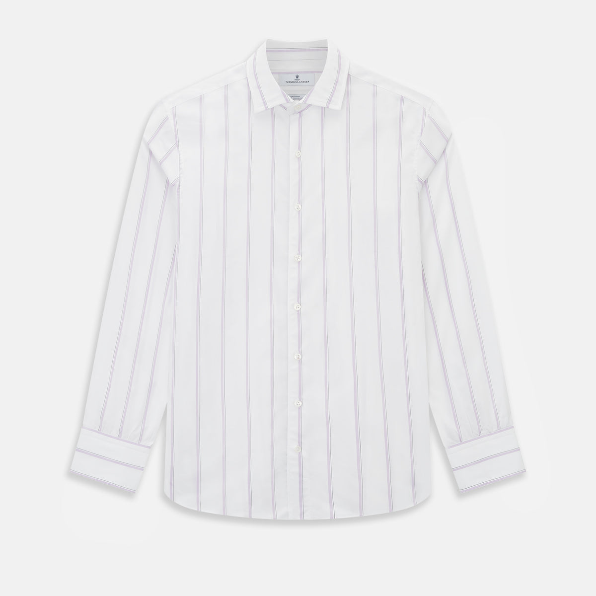 View 1 of product Track Striped Pink on White Tailored Fit Shirt in Cotton by Turnbull & Asser UK, featuring thin vertical pink stripes on white cotton, a classic collar, slim tailored fit, and buttoned cuffs, displayed on a plain white background.