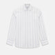 Track Striped Pink on White Tailored Fit Shirt in Cotton by Turnbull & Asser UK, featuring thin vertical pink stripes on white cotton, a classic collar, slim tailored fit, and buttoned cuffs, displayed on a plain white background.